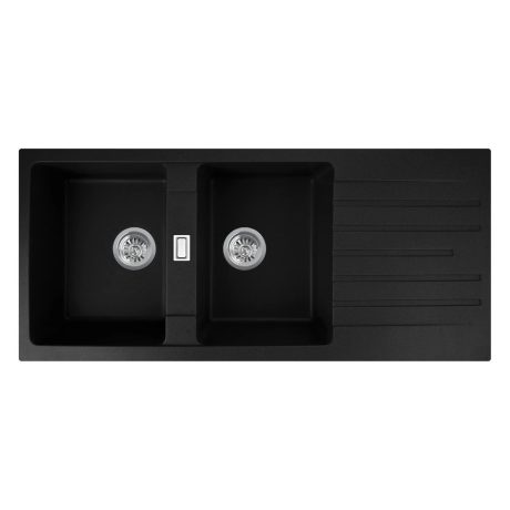 ARETE Stone Double Bowl Kitchen Sink with Drainboard, Matte Black