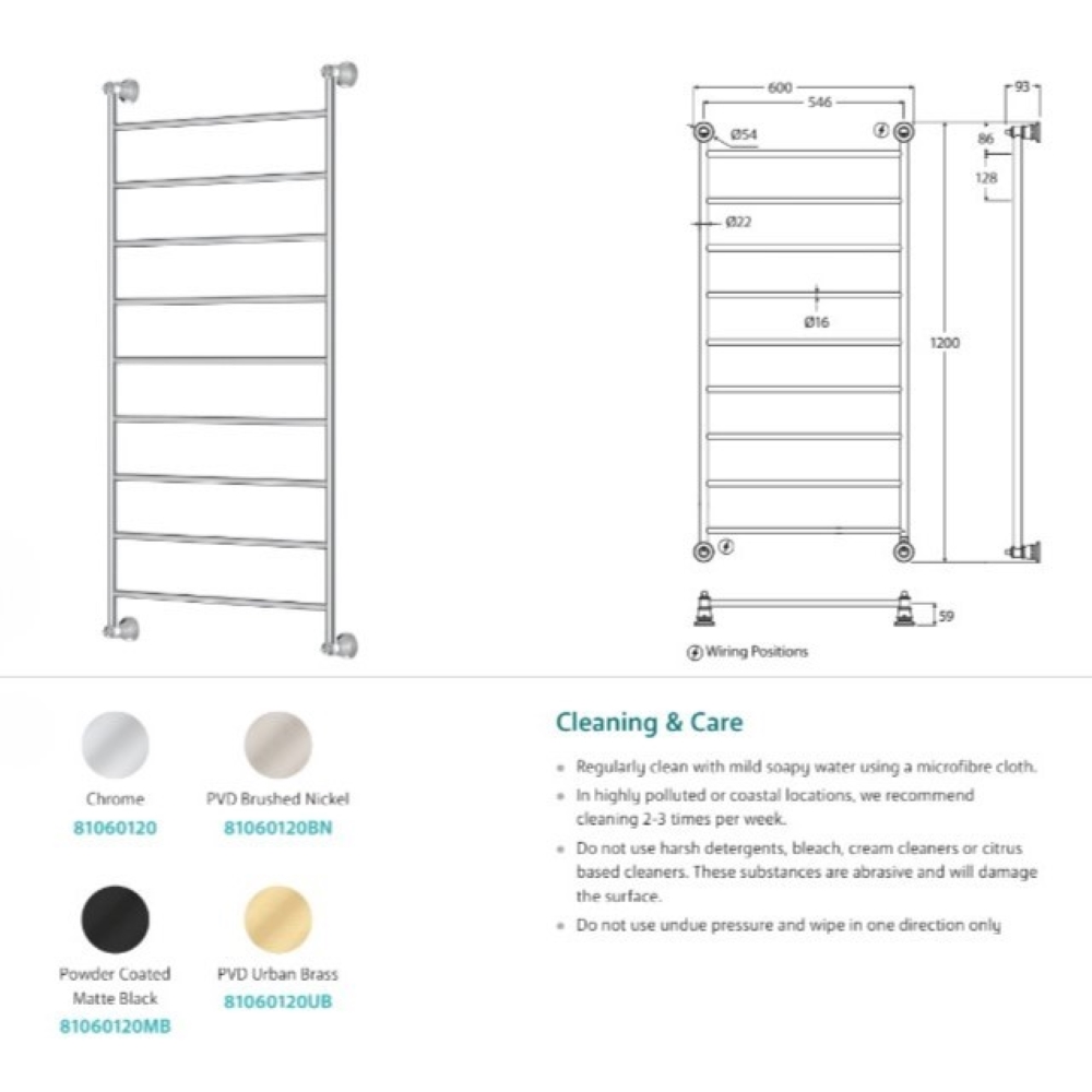 LILLIAN Heated Towel Ladder, Chrome 1200mm - Image 3