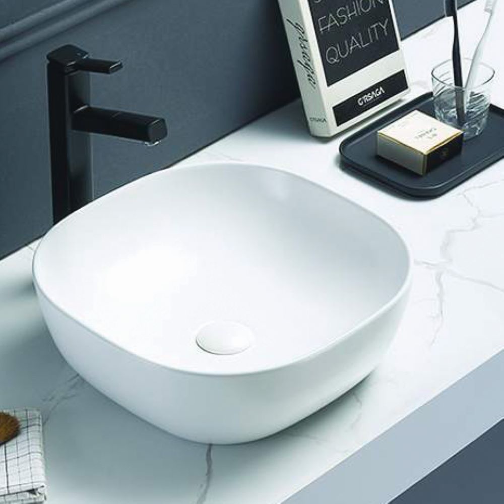 Above Counter Square Basin with Rounded Corners, Gloss White 370mm - Image 2