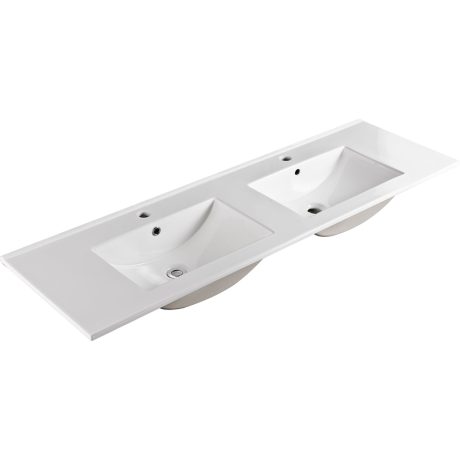 DOLCE Double Bowl Ceramic Basin Top, 1500mm, 2 Taps Holes, Gloss White