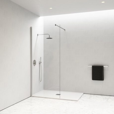 Fixed Panel 860mm Shower Screen with Wall Channel and Support Bar, Chrome