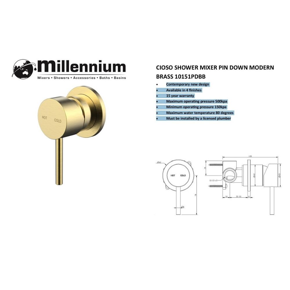 CIOSO Pin Down Shower Mixer, Modern Brass - Image 3