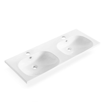 Moulded Curved Ceramic Top with Taphole & Overflow, Double Basin Gloss White 1200mm