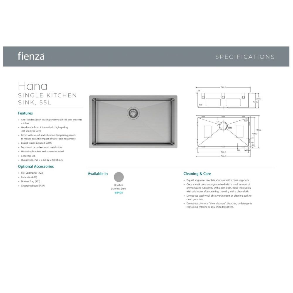 HANA 55L Single Kitchen Sink Kit, Stainless Steel - Image 4