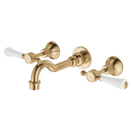 LILLIAN Lever Basin/Bath Wall Set, Urban Brass with Ceramic White Handle