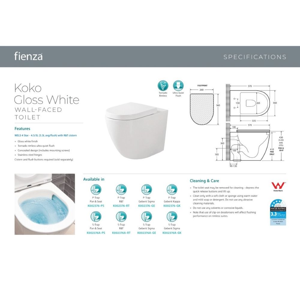 KOKO S Trap Tornado Flush Wall-Faced Toilet Suite with R&T In-Wall Cistern, Gloss White - Image 6