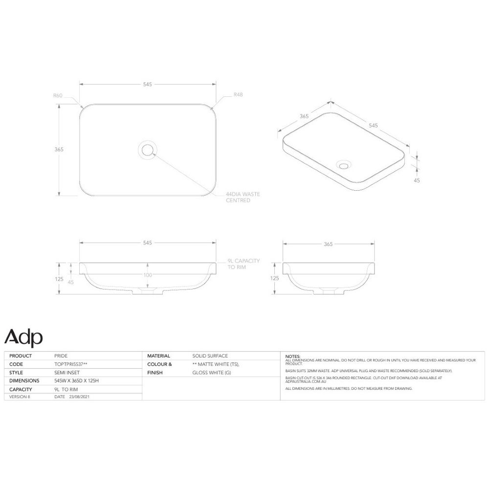 semi insert solid surface basin 545 x 365, gloss white