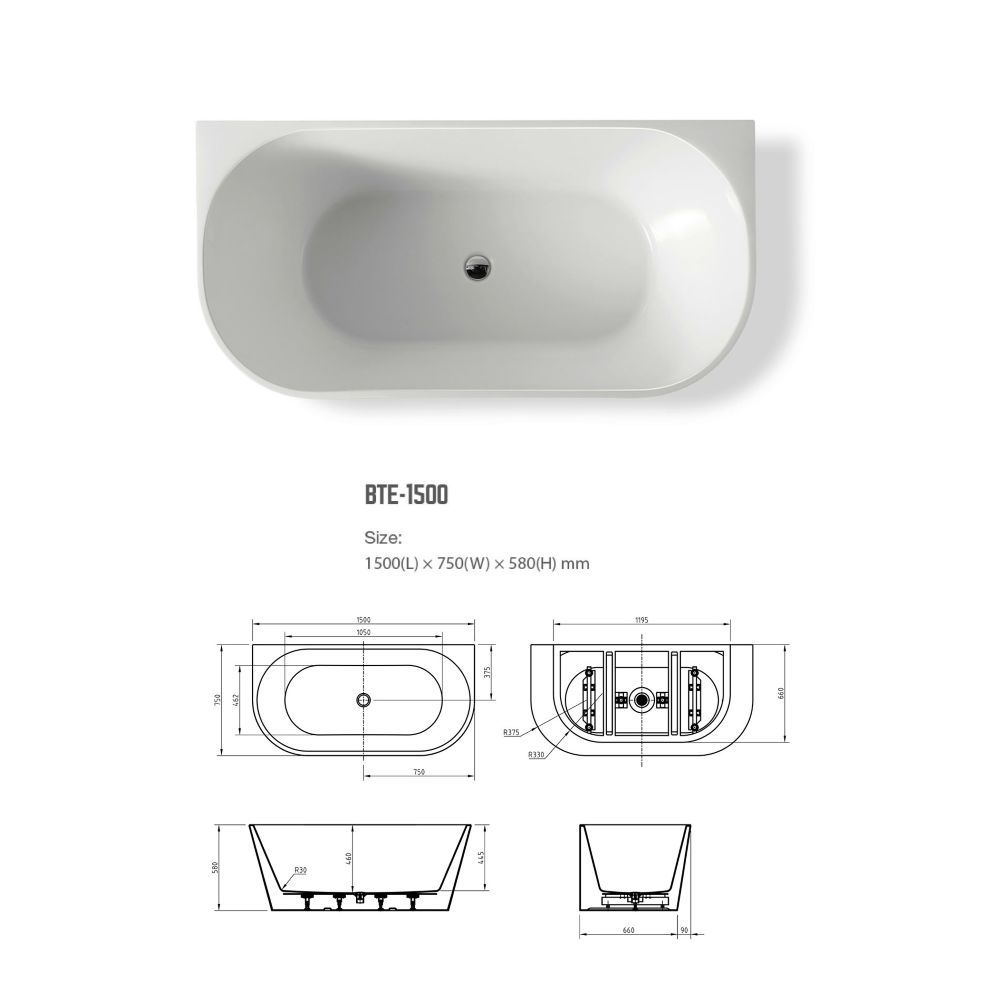 CORTONA Back to Wall Freestanding Bath, Matte White 1500mm - Image 3