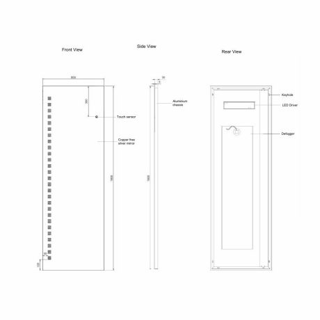 led dressing mirror with square strip lights, 1800 x 600mm