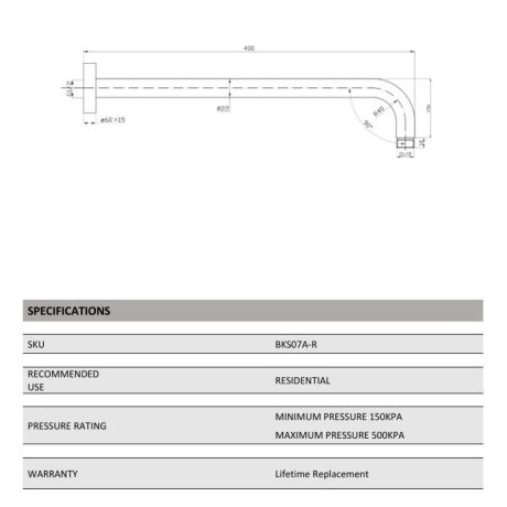 rund round curved shower wall arm, chrome 400mm