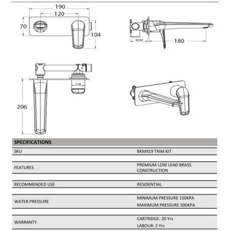 berlin sq wall basin/bath mixer with spout trim kit, gun metal