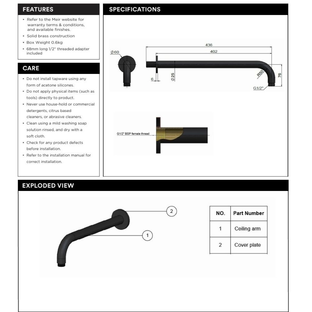 round wall shower curved arm 400mm, champagne