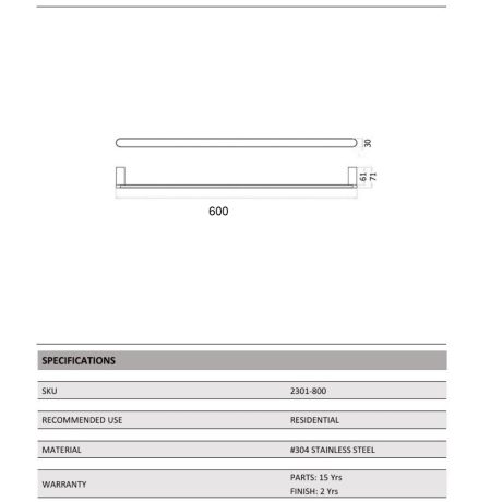 ss rund single towel rail 600mm, brushed nickel