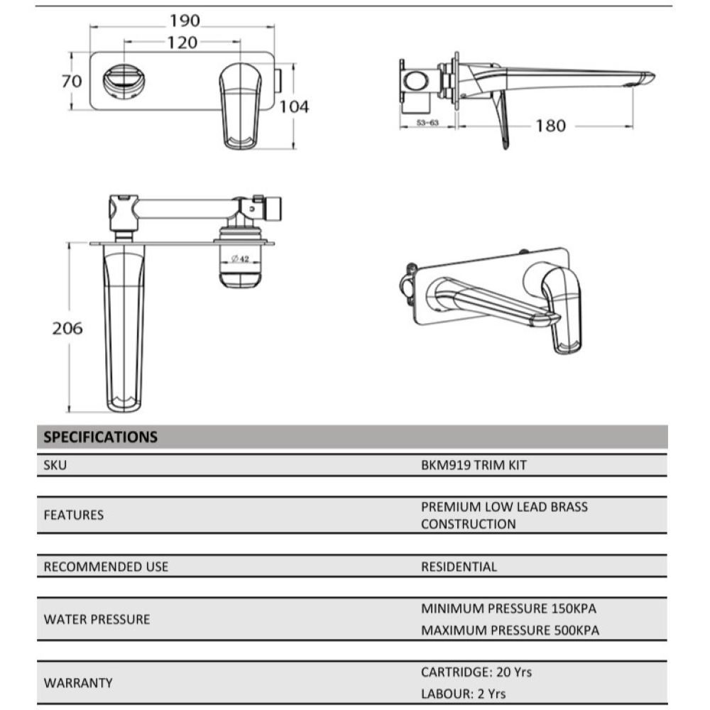 berlin sq wall basin/bath mixer with spout trim kit, brushed nickel