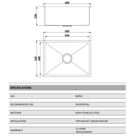 arcko lux under/overmount single bowl sink, stainless steel
