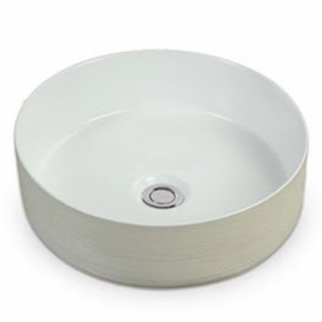 textured ceramic round basin, gloss white and stone
