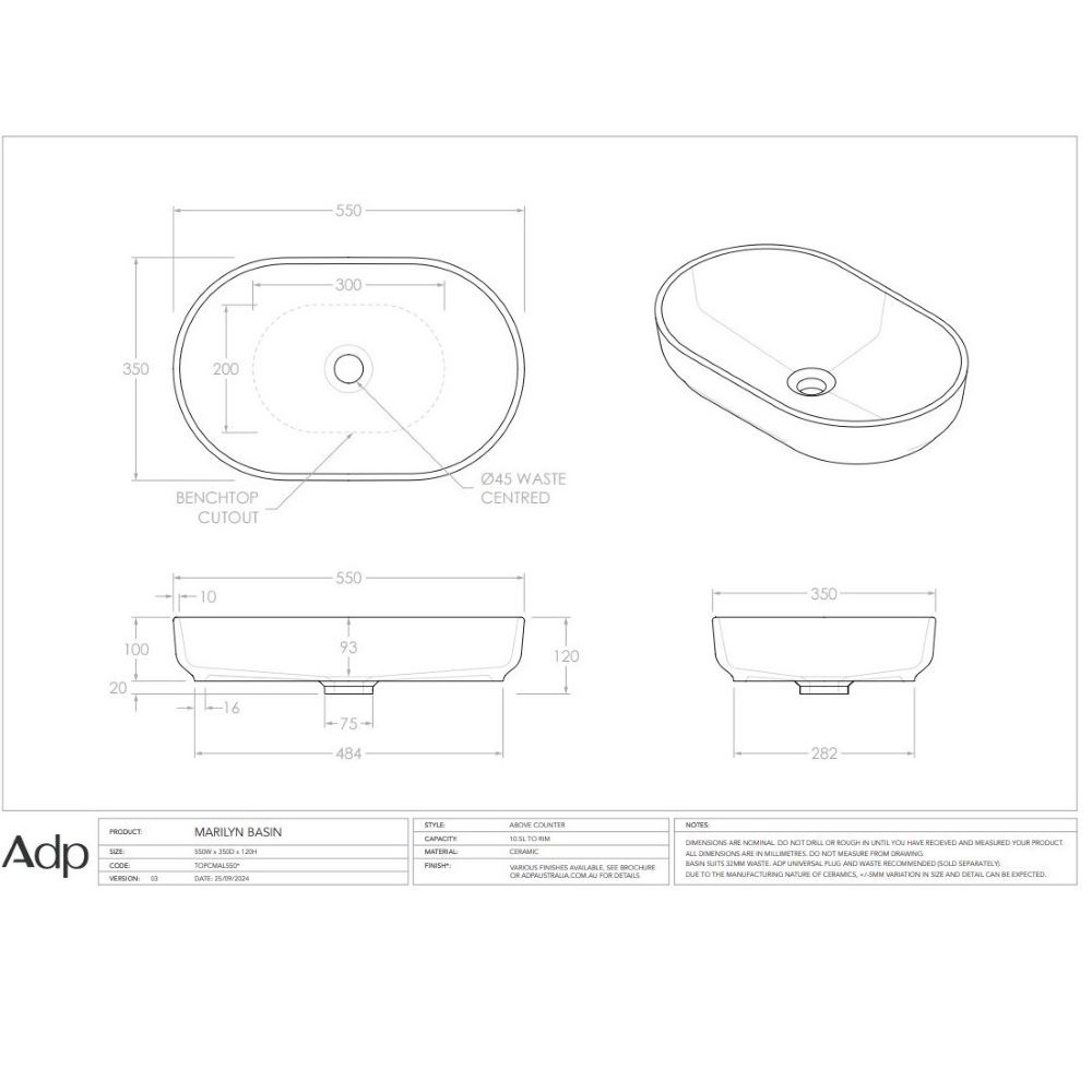 marilyn above counter basin, matte white