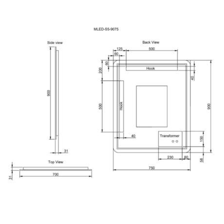 backlit rectangle square led mirror, with defogging 750 x 900mm
