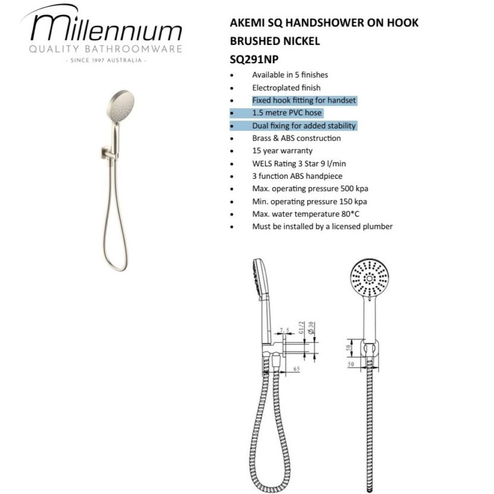 akemi sq hand shower on hook, brushed nickel