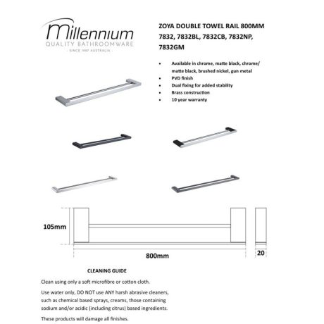 zoya double towel rail, brushed nickel 600mm