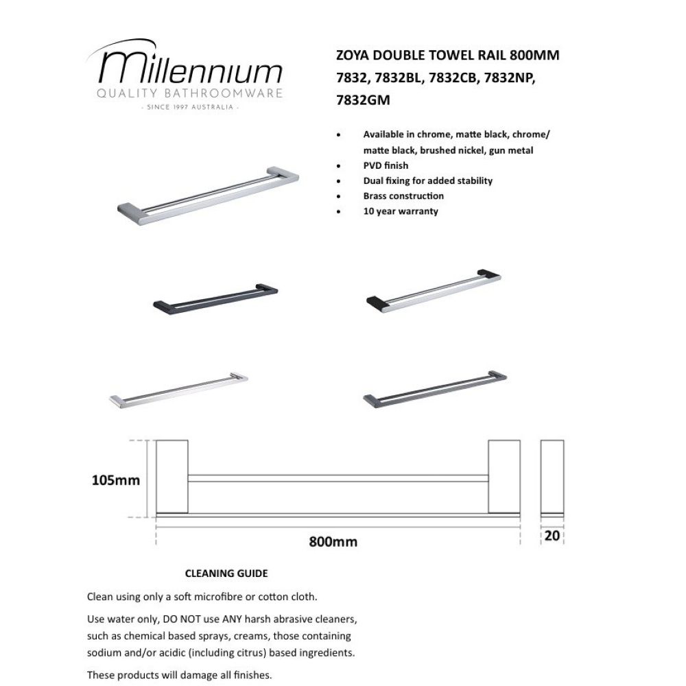 zoya double towel rail, brushed nickel 600mm