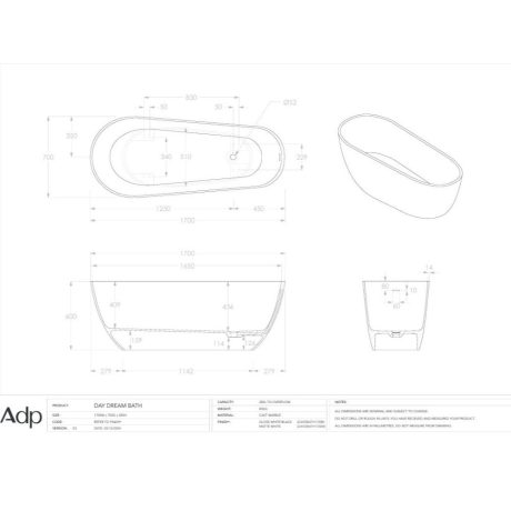 daydream freestanding solid surface bath, gloss black 1700mm