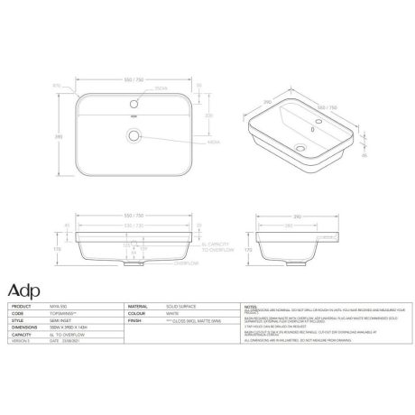 miya 550 semi insert basin, gloss white