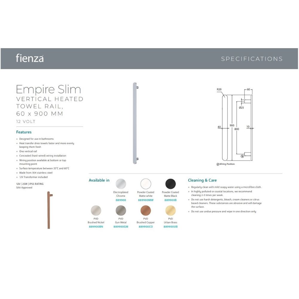 empire slim vertical heated towel rail, 60 x 900mm, electroplated chrome