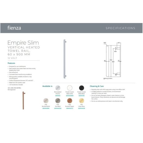empire slim vertical heated towel rail, 60 x 900mm, electroplated matte white