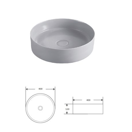 slim line round ceramic basin, matte light grey 0400mm