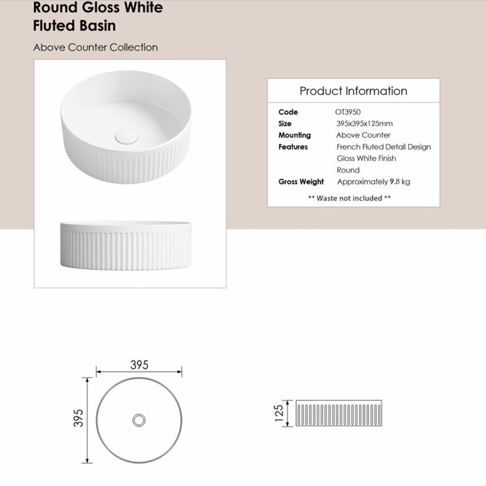 oxford round french flutted basin, matte white 395x395x120mm