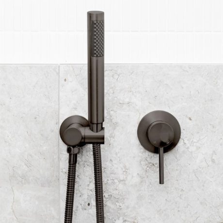 round telephone hand shower on bracket, pvd shadow gunmetal