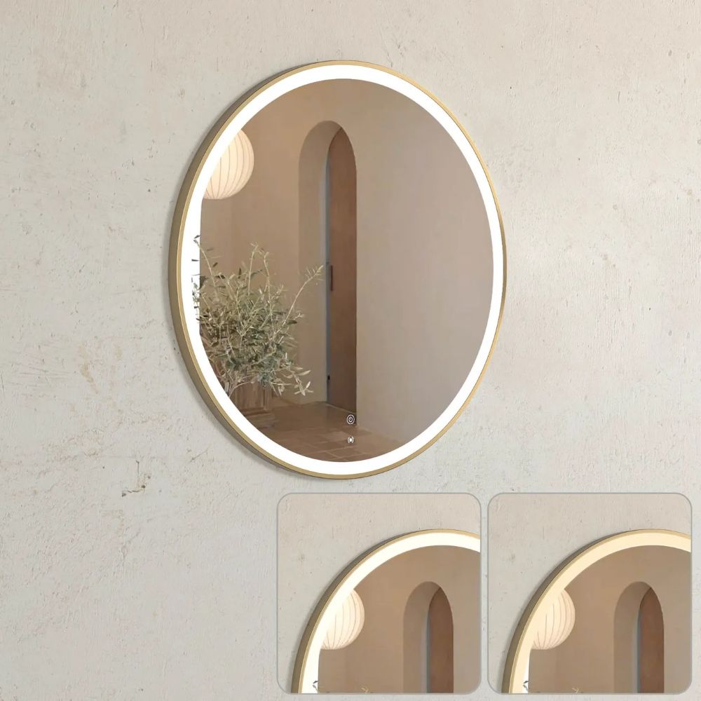 led bondi metal frame round mirror, gold 800mm