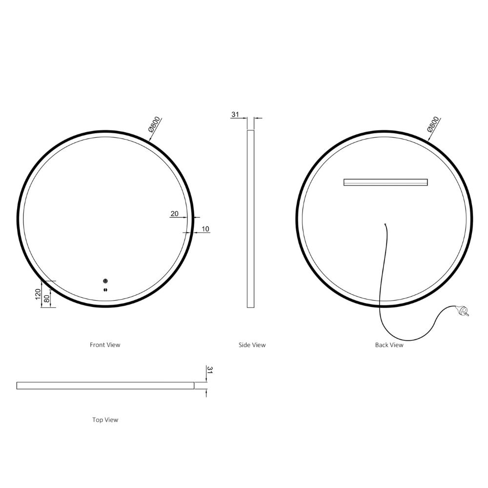 led bondi metal frame round mirror, gold 800mm