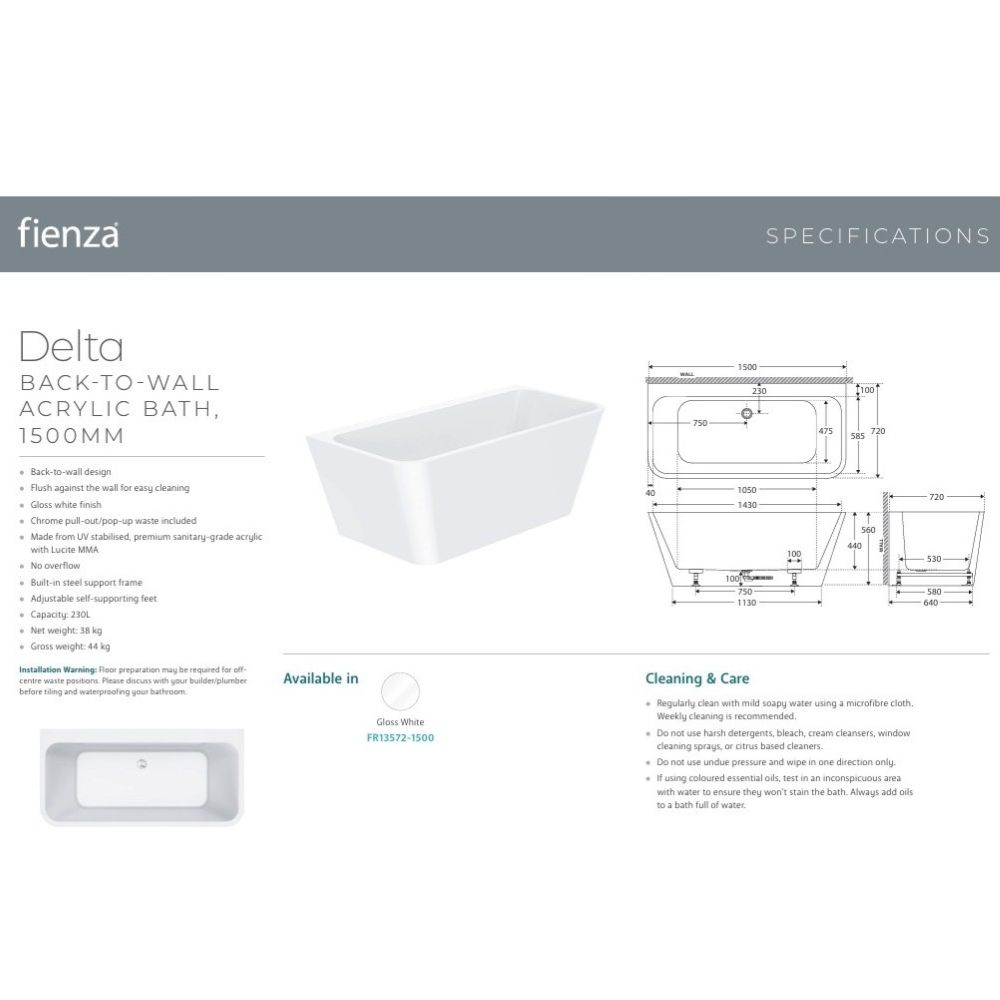 delta back to wall acrylic bath, gloss white, 1500mm
