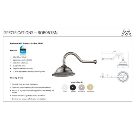bordeaux shower arm with shower head, pvd brushed nickel