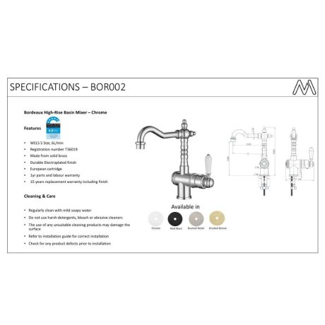 bordeaux high rise basin mixer, chrome