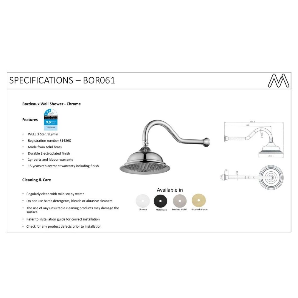 bordeaux shower arm with shower head, electroplated chrome