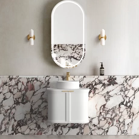 hampshire satin white wall hung curve vanity 600mm, cabinet only, gun metal handdles