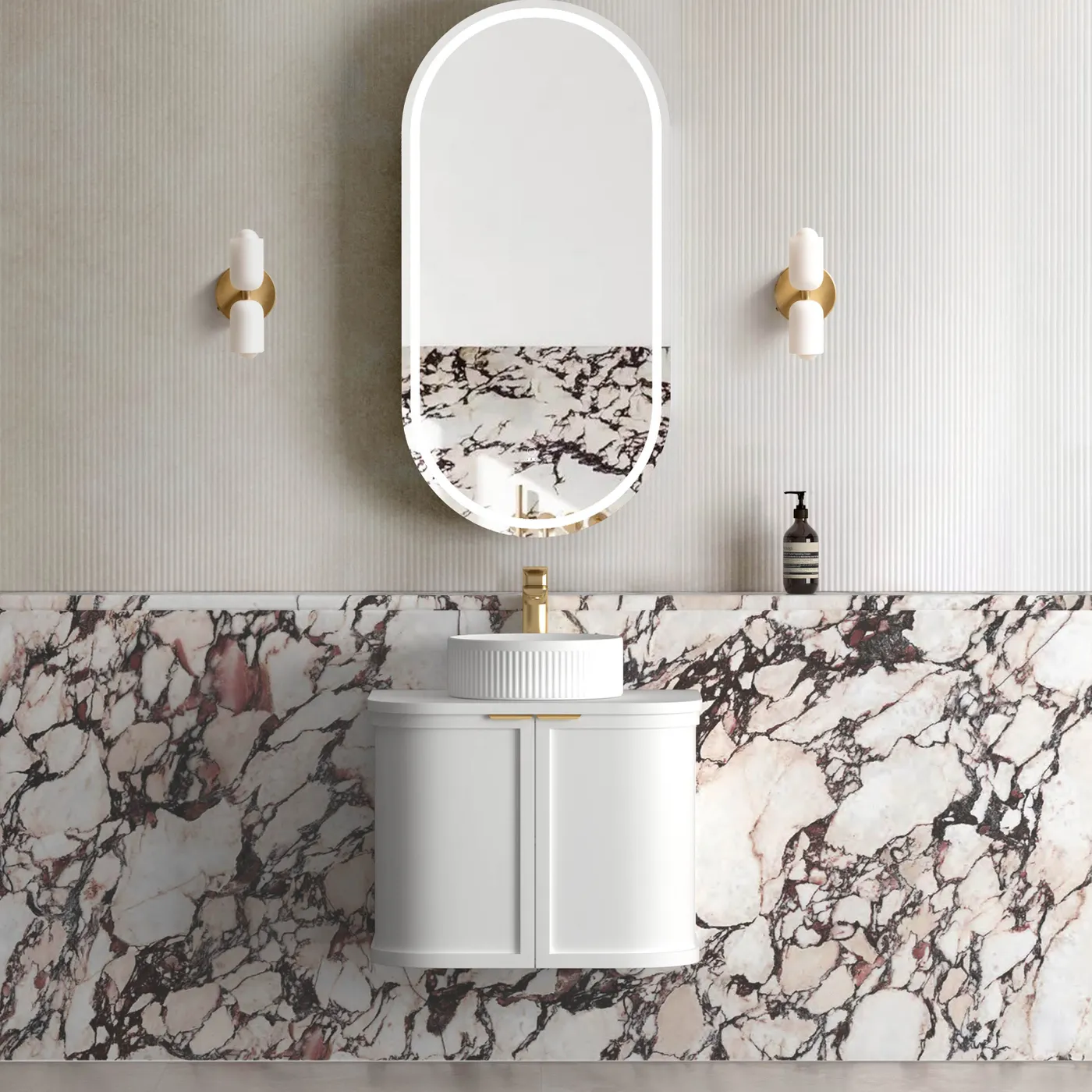 hampshire satin white wall hung curve vanity 600mm, cabinet only, gun metal handdles