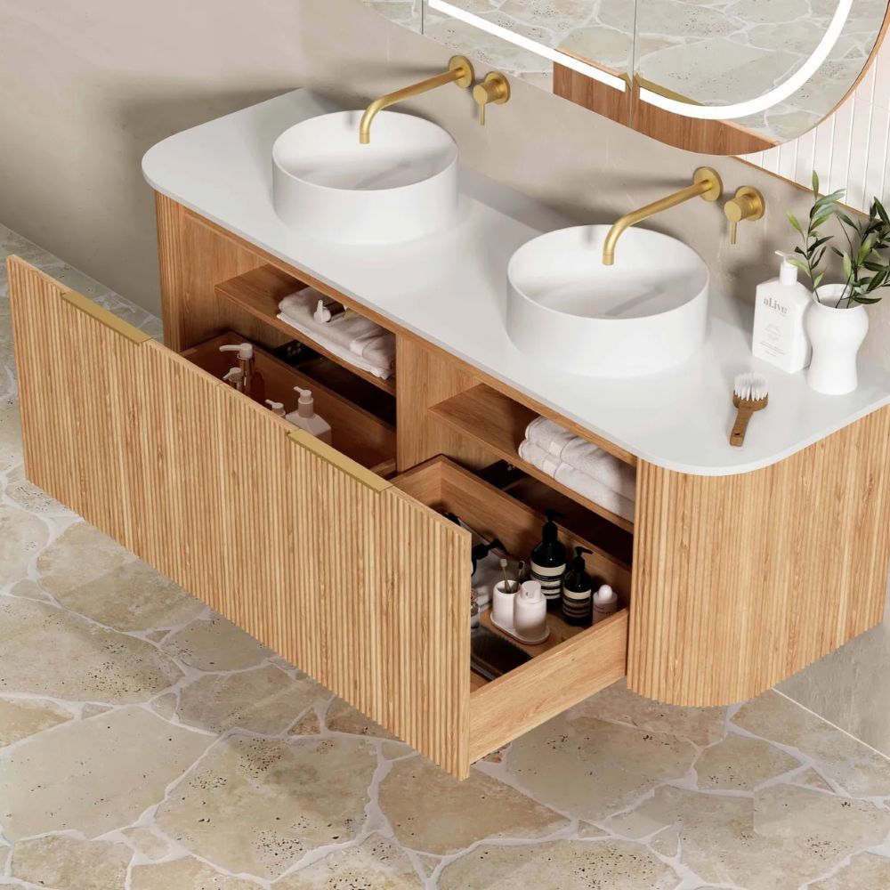 bondi fluted 1500mm woodland oak curve vanity, cabinet only