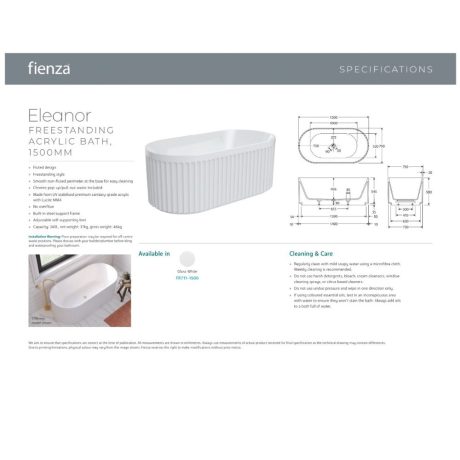 eleanor fluted freestanding acrylic bath, gloss white 1500mm