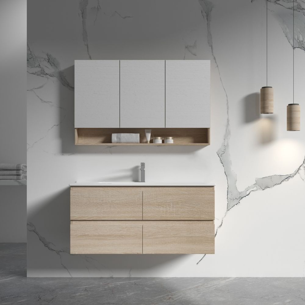 legna wall hung single basin vanity, natural oak 1200mm with 01120 ceramic top
