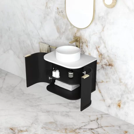 hampshire satin black wall hung curve vanity 600mm, cabinet only, brushed nickel handles