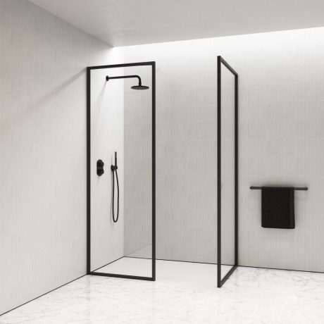 framed single panel shower screen, matte black 1200mm
