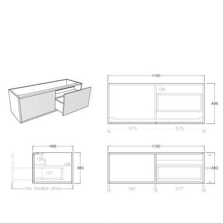bellevue vanity, coastal oak 1200mm, cabinet only, right hand draws, double basin