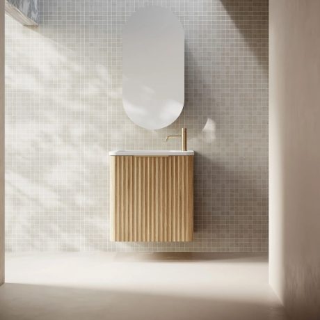 gravity fluted wall hung vanity, natural oak, left hand hinge, right hand basin, brushed gold handle 0500mm