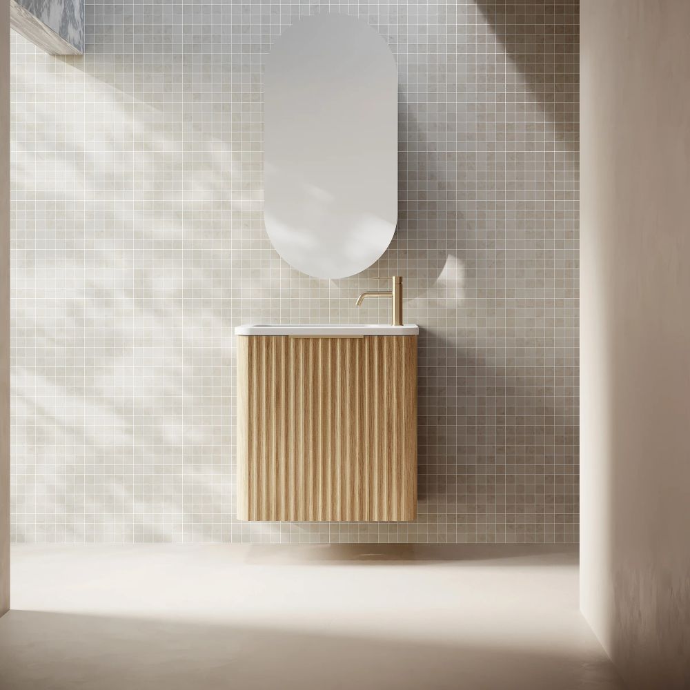 gravity fluted wall hung vanity, natural oak, left hand hinge, right hand basin, brushed gold handle 0500mm