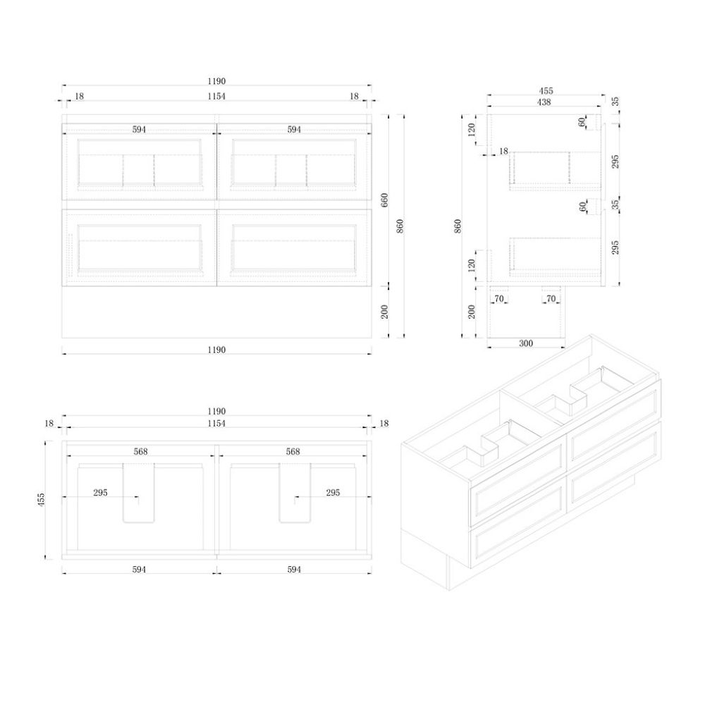 marland floor mount vanity 1200mm double basin cabinet only, matte white