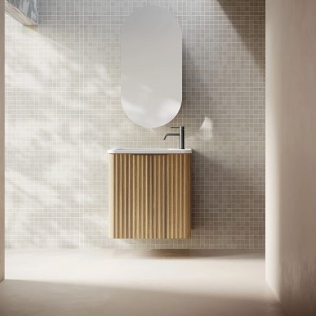 gravity fluted wall hung vanity, natural oak, right hand hinge, right hand basin, matte black handle 0500mm